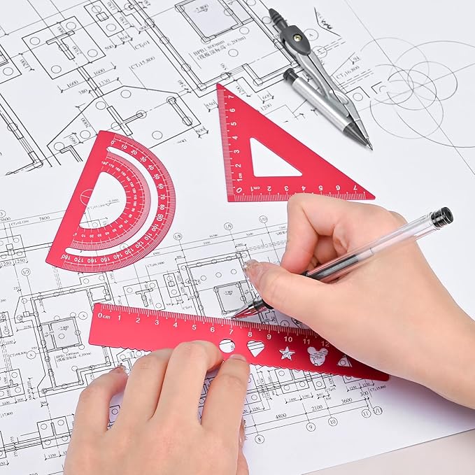 6 Pcs Metal Geometry Set, Math Geometry Kit, Metal Ruler Set and Compass Geometry Tool, Rulers Protractor and Compass Set for Student School and Drawings Supplies (Red)