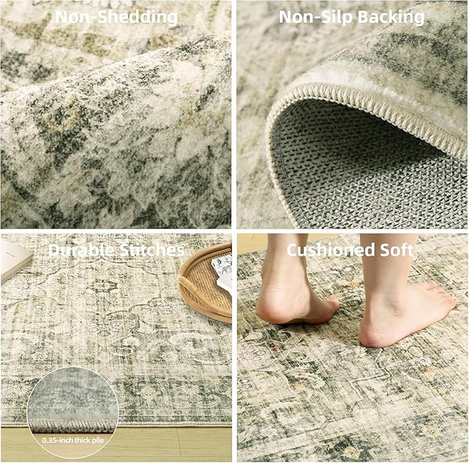 Washable Boho Area Rugs for Bedroom: 3'x5' Entry Rug Stain Resistant Tribal Distressed Accent Rug Non Slip Low Pile Soft Small Carpets for Entryway Living Room Bedside Kitchen Office Foyer Entrance
