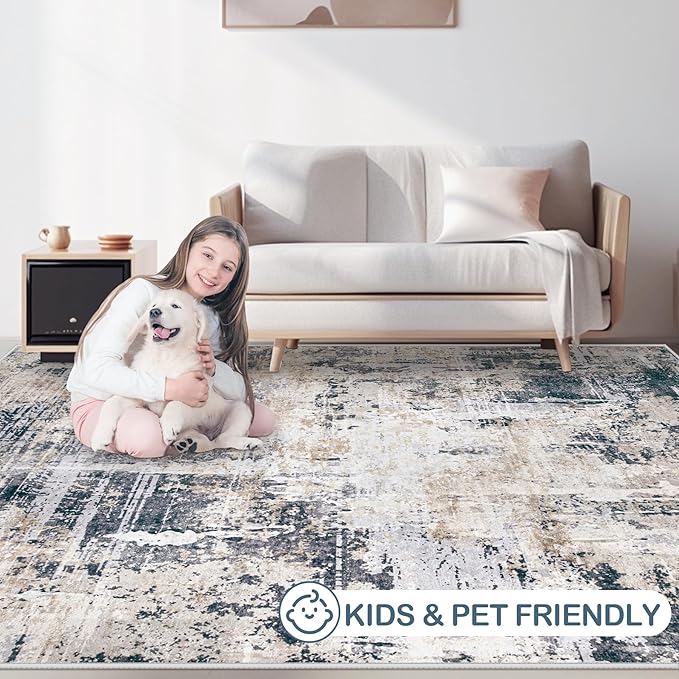 Area Rugs 9x12 Living Room: Washable Rug Modern Abstract Large Rugs Soft Non Slip Neutral Rug Stain Resistant Indoor Carpet for Bedroom Kitchen Dining Room Home Office Rugs(Black Brown,9'x12')