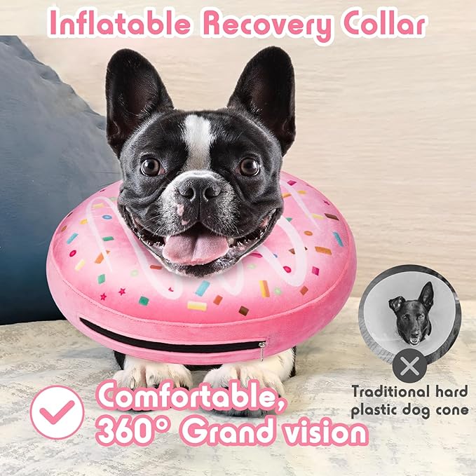 Inflatable Dog Pillow Cone Collar After Surgery, Donut Soft Neck Cone for Beagle French Bulldog Medium Plus Dogs, etc, Recovery E Collar to Stop Licking Pink