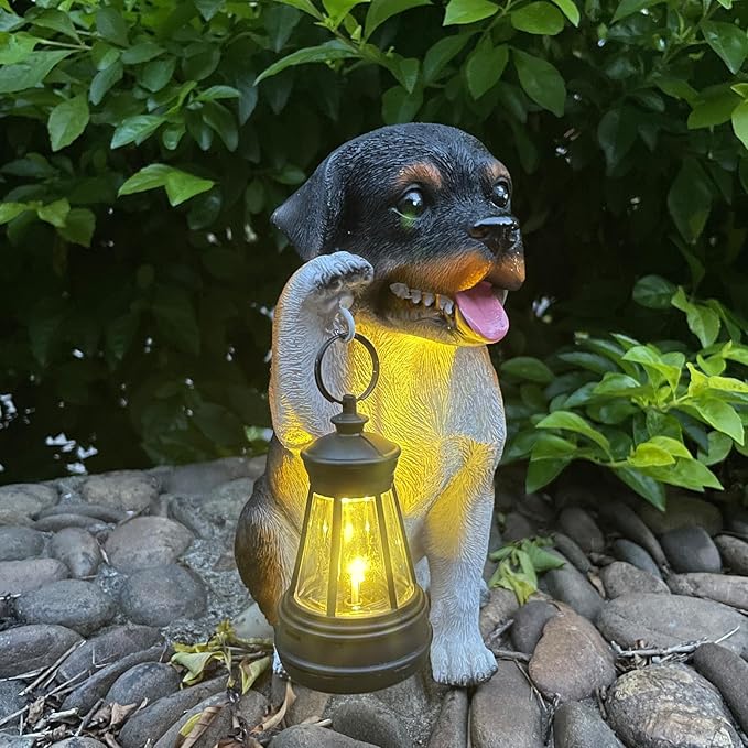 Solar Garden Statues Dog Figurine with LED Light Lantern Outdoor Art Decor for Patio Lawn Yard Housewarming Home Ornaments Gifts for Dog Lovers Mom Grandma Women
