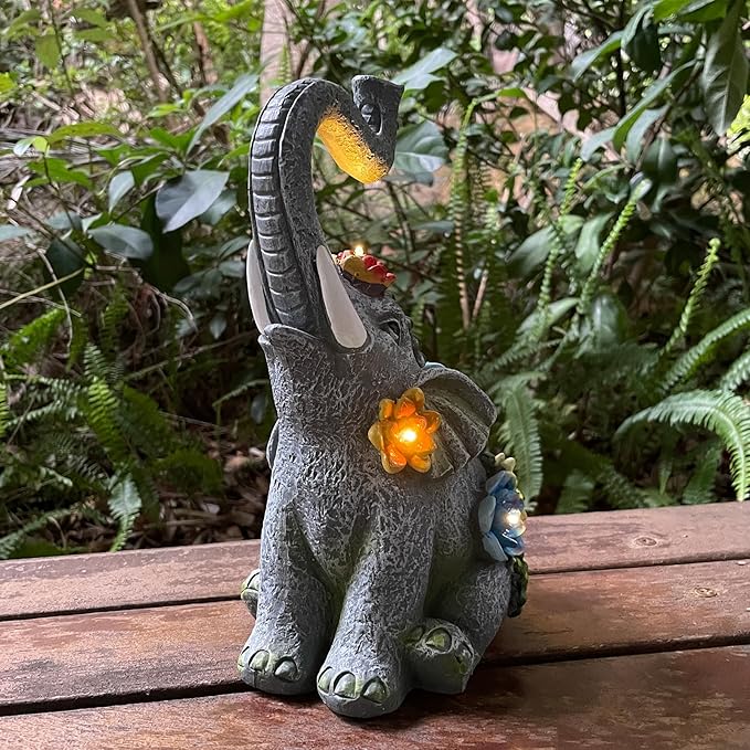 Solar Garden Statue Elephants Figurine with Solar Lights Outdoor Yard Decorations for Patio Porch Home Elephant Gifts for Women Mother's Day Housewarming Birtheday Gifts