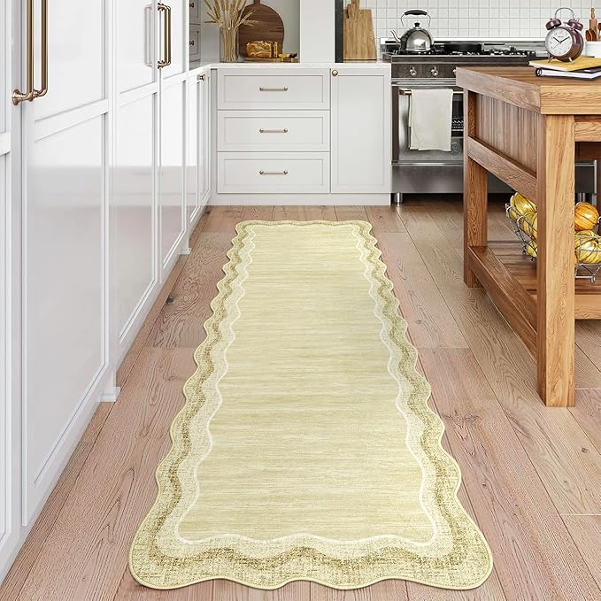 GarveeHome Washable Runner Rug 2x6 Kitchen Hallway Scalloped Rugs Non Skid Stain-Resistant Washable Modern Solid Soft Entryway Carpet Runner for Bathroom Laundry Room Bedside(Beige Yellow, 2x6)