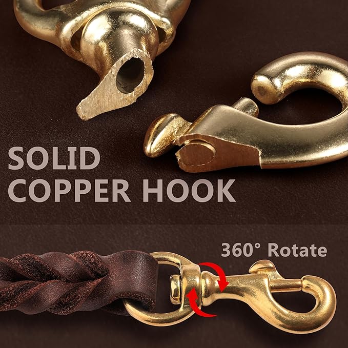 QUMY Leather Dog Leash 4ft, Heavy Duty Dog Training Leashs for Large, Medium and Small Dogs, Soft and Strong Genuine Leather Braided Handmade Long Lead Leash for Dog Training, Brown