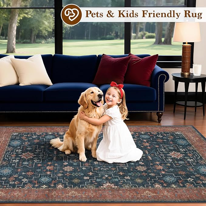 LBRO2M Farmhouse Washable Rugs 5X7 for Living Room Bedroom Vintage Non Slip Rugs Easy Clean, Low Piles Stain Resistant Carpet Distressed Area Rug Great for Pets and Family (5'X7' Distressed Blue)