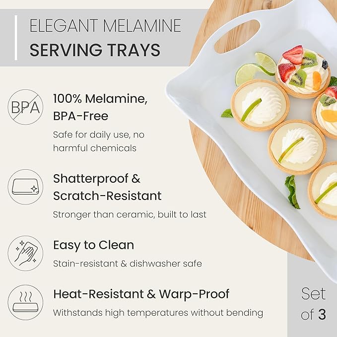 Large Melamine Tray, 17" x 11.5" - White Serving Tray with Handles - Dishwasher Safe - Rectangular Melamine Platter for Meat, Appetizers, Cookies, Grill or Party Snacks - Set of 3