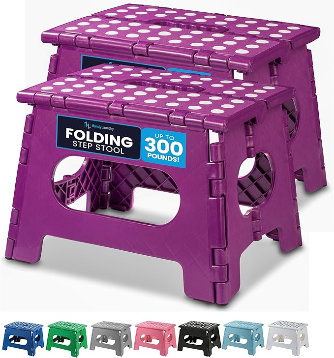 Handy Laundry Folding Lightweight Step Stool - Sturdy Enough to Support Adults and Safe Enough for Kids - Opens Easy with One Flip - Great for Kitchen, Bathroom or Bedroom (Purple | 2-Pack)