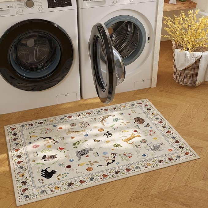 Rugcomf Door Mat Indoor Entrance 2x3 Rug Machine Washable Boho Floral Animal Cat Small Area Rug Non-Slip Low Pile Throw Rugs for Entryway Kitchen Front Door Indoor Entrance Entry Kids Room, Beige