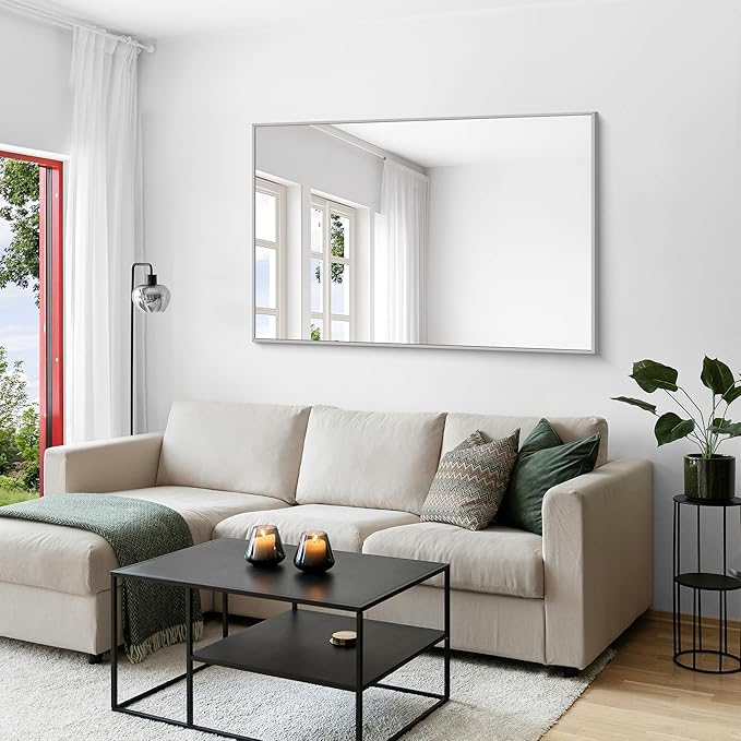 KOCUUY Silver Bathroom Mirror, 55"x36" Large Rectangle Bathroom Mirror for Wall, HD Tempered Glass, Anti-Rust Brushed Silver Frame, Modern Design for Bathroom, Bedroom, Hang Horizontal/Vertical