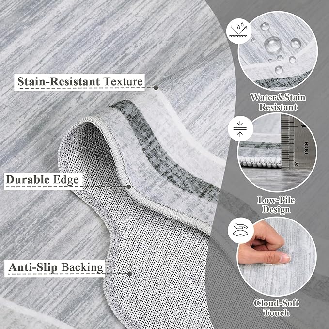 GarveeHome Scalloped Washable Rug 9x12 Area Rugs for Living Room Modern Solid Carpet for Bedroom Abstract Irregular Scalloped Non-Slip Low-Pile Accent Carpet for Dining Room Home Office(Grey, 9x12)