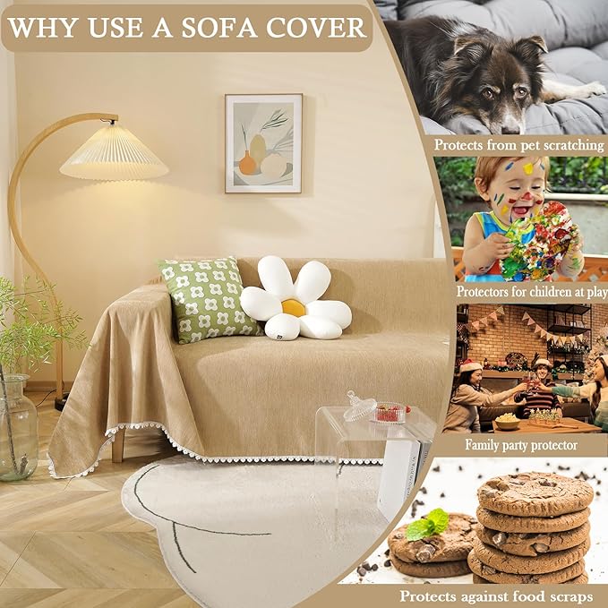 HANDONTIME Khaki Loveseat Covers Couch Cover for Dogs Cats Solid Sofa Covers for 3 Cushion Couch Machine Washable Couch Covers for Sectional Sofa L Shape Chenille Sofa Slipcover Soft, 71" X150"
