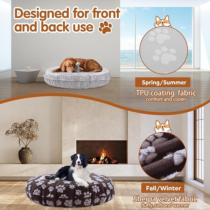 BALAPET Washable Dog Bed Covers Replacement Round Waterproof Bed Cover for Dog Soft Pet Bed Cover with Lovely Dog Paw Print and Double-Sided Usable Design,Cover Only(Brown,45 * 45 * 11in)