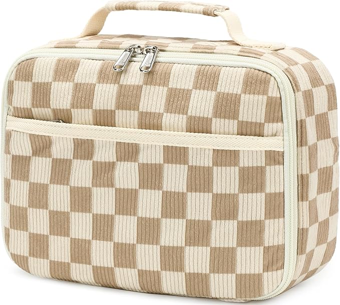 Kids Girls Lunch Bag Insulated Lunch Box for school Corduroy Lunch Cooler Organizer School Kids Lunch Tote (Corduroy checkered brown)