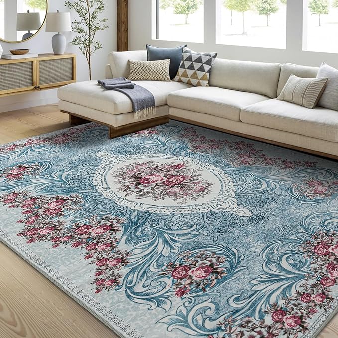 Easy-Going Area Rug 6x9 Washable Floral Rugs for Living Room Non-Slip Bedroom Rug Low Pile Lightweight Retro Flowers Throw Rug for Dining Room Kitchen Home Office Carpet, Teal Red