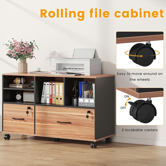 2 Drawer Wood Mobile Large Lateral File Cabinet with Lock, Lockable Rolling Filing Cabinet with Storage Shelves, Printer Stand Office Storage Cabinet for Home Office Fits Files Legal/A4