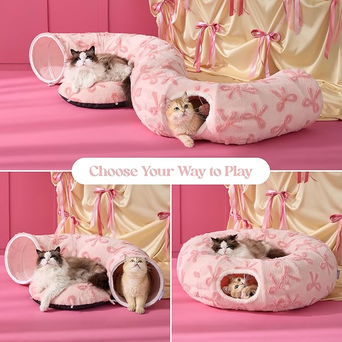 Lesure Cat Tunnel Bed for Indoor Cats - Cute Cat Donut Tunnel Toys with Washable Circle Cushion, Round Pet Peekaboo Cave Toy for Kitten/Puppy/Rabbit, Standard Pink Taffy