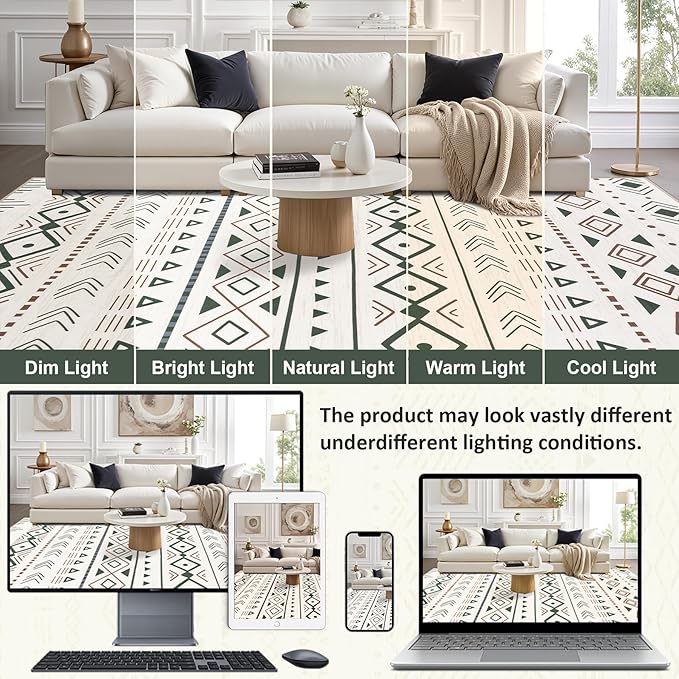5x7 Area Rugs Living Room Rug: Washable Rug Neutral Lagre Soft Thin Carpet Indoor Floor Non Slip Boho Geometric Moroccan Carpets for Bedroom Dining Room Farmhouse Nursery Office - Brown Green