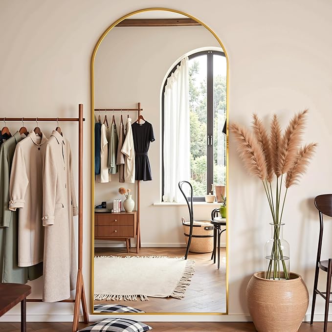 Full Length Mirror, 64"x21" Arched Full Body Mirror, Floor Mirrors with Stand, Standing Hanging Leaning Against Wall,Aluminum Frame Mirrors for Bedroom Cloakroom,Living Room,Gold