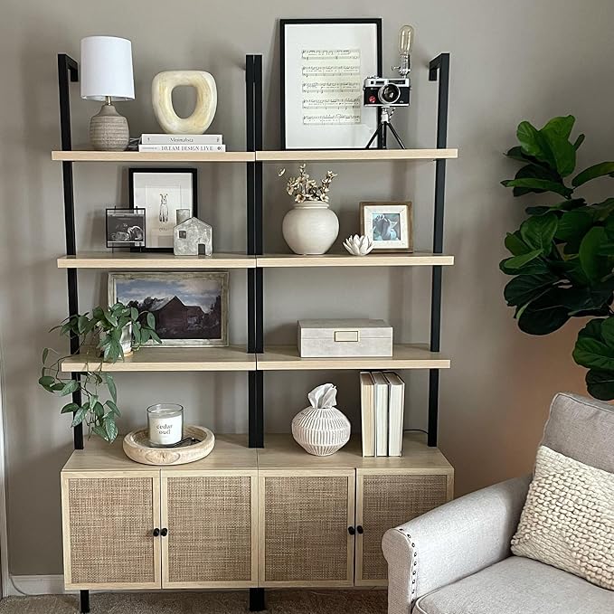 Nathan James Theo Industrial Open Shelf Bookcase with Accent Rattan Drawers Light Oak Wood, Matte Black Frame, Set of 3