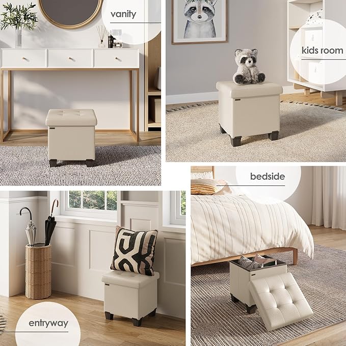 STORAGEBUD Storage Ottoman Cube with Small Bin, 16-in Square Ottoman with Storage for Living Room and Bedroom, Small Ottomans Foot Rest, Faux Leather Foot Stools Ottomans Max 330lbs, Beige