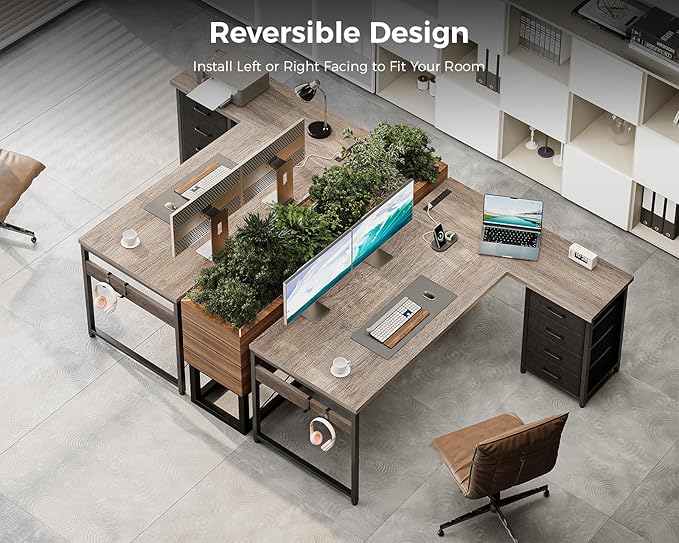 AODK L Shaped Desk with 4 Tier Drawers, 53" Reversible Gaming Desk with Power Outlets, L Shaped Computer Desk with USB Charging Port and Host Stand, Home Office Corner Desk, Easy to Assemble, Grey Oak