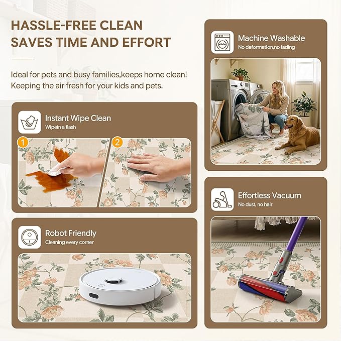 HUGEAR 2x3 Checkered Rugs for Entryway Machine Washable Beige Small Carpet Floral Print Non-Slip Stain Resistant Low Pile Indoor Throw for Entrance Kitchen Bedroom Dining Laundry