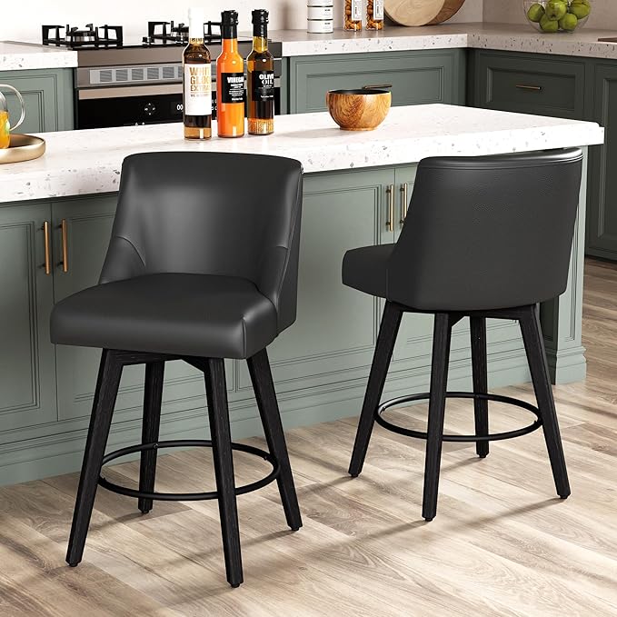 Counter Height Bar Stools Set of 2, Modern Swivel Barstools with Back and Wood Legs, Faux Leather Upholstered Counter Height Stools, 26" H Kitchen Island Stools,Home Bar, Black Grey