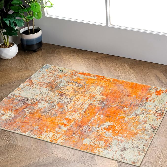 Lahome Modern Abstract Small 2x3 Rug - Washable Kitchen Rugs Non Slip Front Indoor Mat for Entry Bathroom, Contemporary Soft Throw Carpet for Entryway Bedside, Orange/Yellow