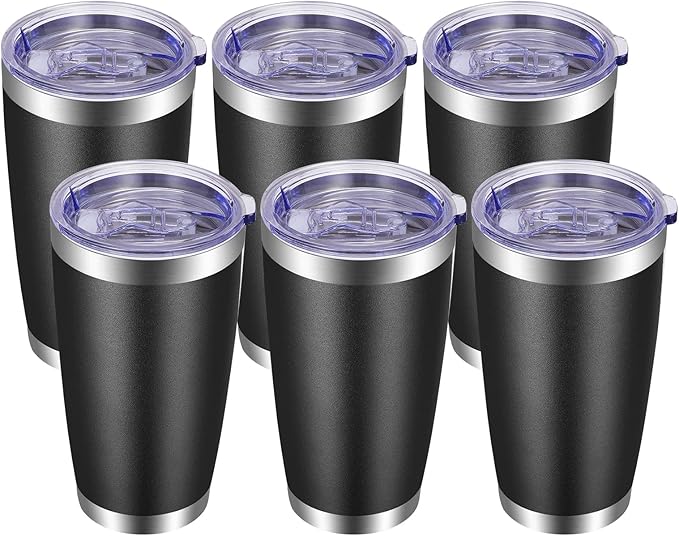 VEGOND 20oz Tumbler with Lid and Straw Stainless Steel Tumbler Cup Bulk Vacuum Insulated Double Wall Travel Coffee Mug Powder Coated Coffee Cup(Black 6 Pack