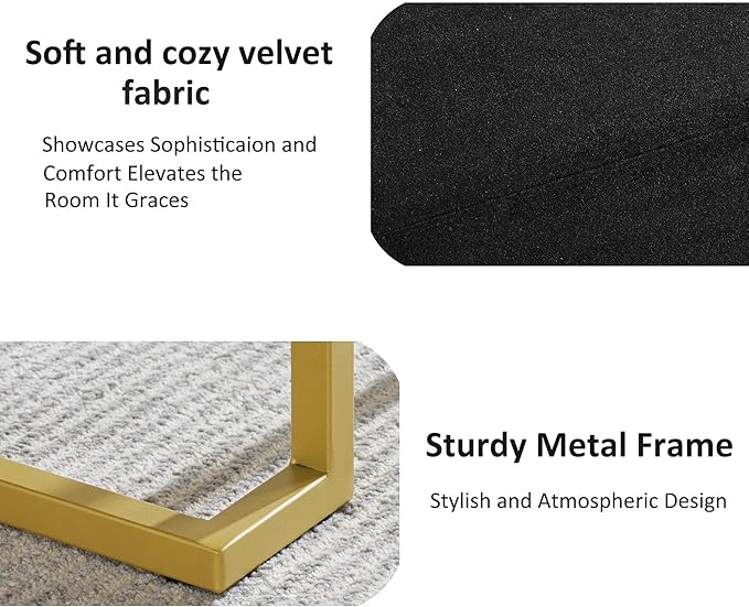 Modern Style Bedroom Single Seat Bench, Cushioned Bed end Stool, Living Room Sofa Stool, Footstool with Golden Iron Legs, Suitable for Bedroom and Living Room (Black, 21.65"x15.74"X16.53")