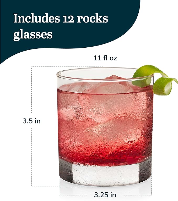 Libbey 917CD Heavy Base Rocks Glasses Set of 12, Rocks Glass Cups with Simple Lines, Elegant Old Fashioned Glass Set for Whiskey, Cocktails and More