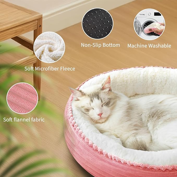 23in Pink Round Cat Dog Bed for Large Medium Small Dogs Cats, Machine Washable Sleeping Sofa, Non-Slip Bottom Breathable Soft Calming Pet Cuddler for Indoor/Outdoor/Car/Cage