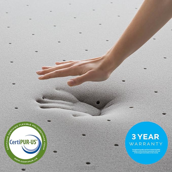 Lucid 2 Inch Ventilated Bamboo Charcoal Memory Foam Mattress Topper - Twin XL Mattress Topper