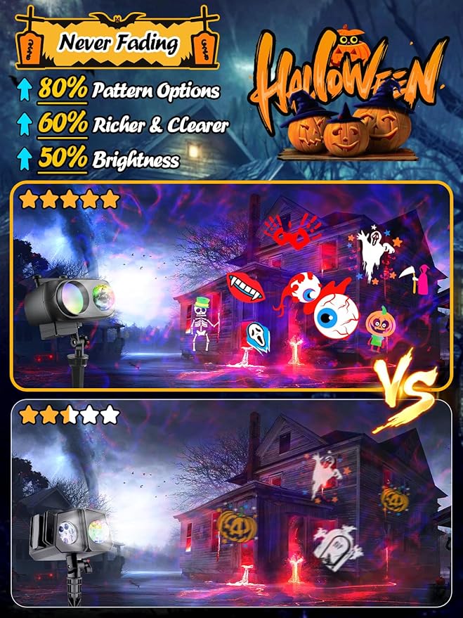 8-Pattern Halloween Projector Lights Outdoor, Anysun Brighter 160 HD Patterns Halloween Decor, 2-in-1 Ocean Wave Snowflake Christmas Projector Waterproof with Timer for Garden Party Landscape Show
