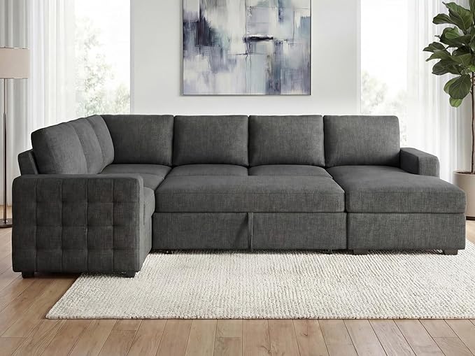 HONBAY Sectional Sleeper Sofa with Pull-Out Bed Storage Chaise,Modular Couch for Living Room, Middle Grey