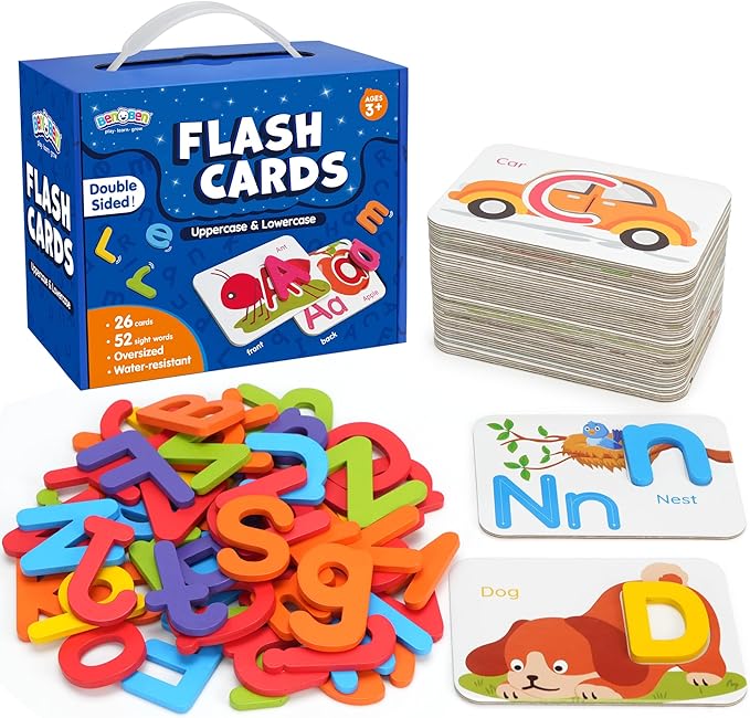 BenBen Alphabet Flash Cards, 52 Upper and Lowercase Wooden Letters, 26 Flashcards, Montessori ABC Learning Toys for Kids Ages 3-5, Preschool Learning Activities, Matching Game Puzzles
