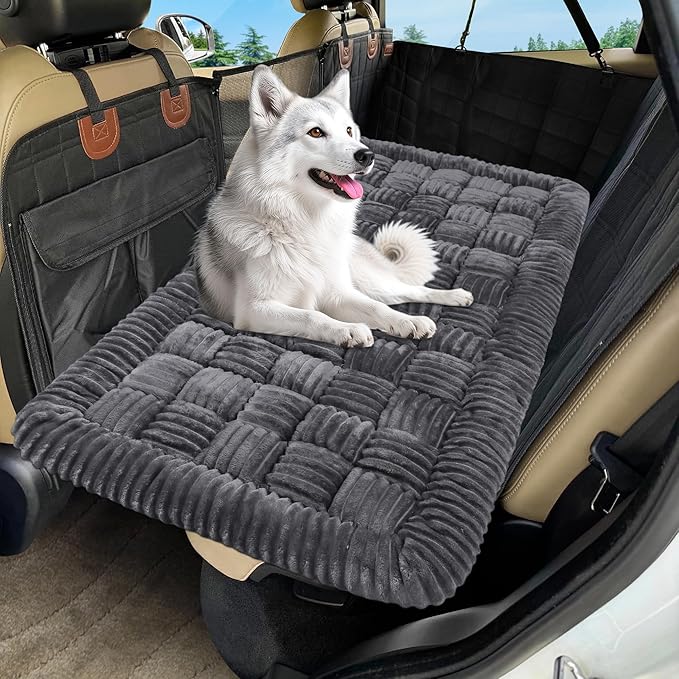 Dog Car Bed Mat, Non-Slip Backseat Extender Pet Blanket, Plaid Dog Bed for Trucks, Sedans & Large SUVs, Chew-Resistant Travel Pad for Dogs, Easy Clean & Scratch-Proof & Comfort竊?6"x28.7" Gray