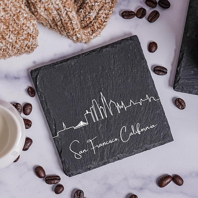 Blue Ridge Mountain Gifts - San Francisco CA Skyline Coasters, Set of 4 - San Francisco California Souvenir, Slate Coasters with Minimalist Skyline, Housewarming Gift for Friends, Family, & Neighbors
