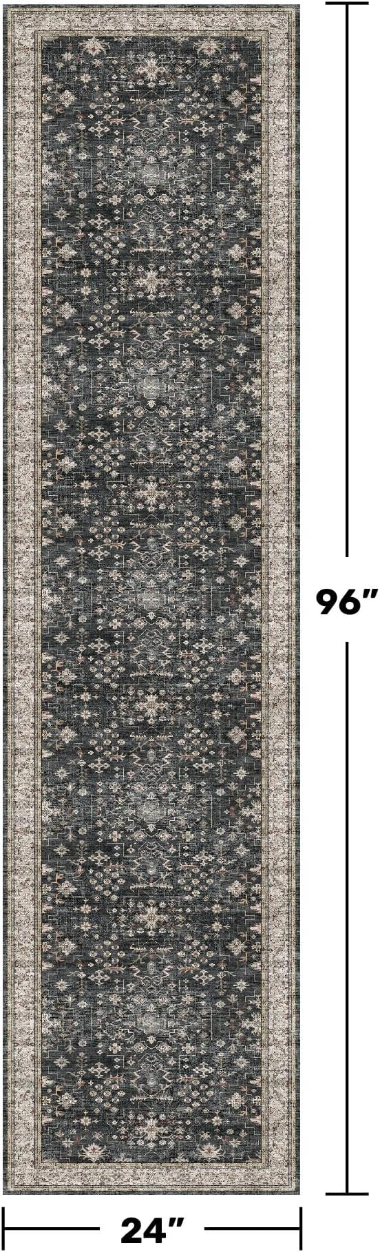 Black Washable 8ft Long Runners for Hallways, 2x8 Kitchen Runner Rug, Entryway Indoor Runner for Bathroom, Non Slip Boho Vintage Floor Décor for High Traffic Area