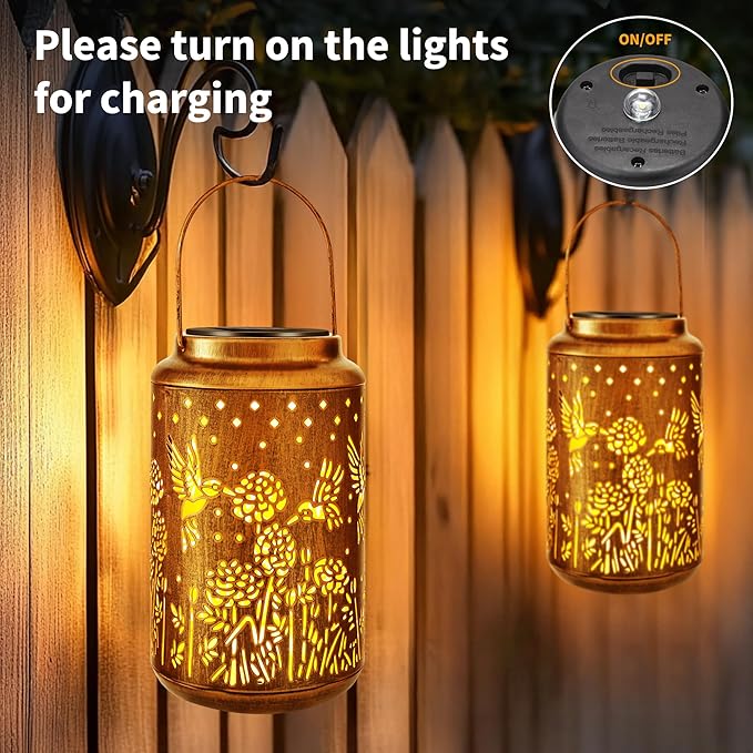 ODEETRONIC 2Pack Hummingbird Solar Lanterns - LED Solar Lantern Lights Outdoor Waterproof, Garden Lantern Lights Birthday Gift for Women, Metal Hummingbird Hanging Lanterns for Garden Yard Patio Decor