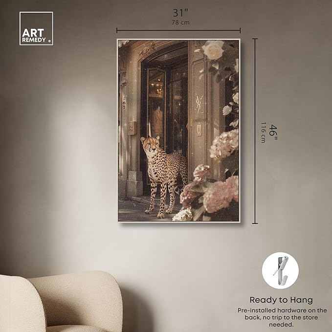 Art Remedy Cheetah at the Store Canvas Fashion Designer Wall Art, Silver Frame, 30" x 45"