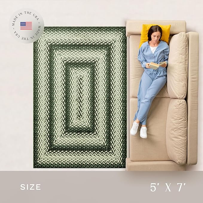 Maples Rugs Marion Bohemian Braided-Style Print Area Rug ??Made in USA ??Low Pile, Non-Slip, Pet-Friendly Indoor Rug for Bedroom, Living Room & Office, 5' x 7', Green
