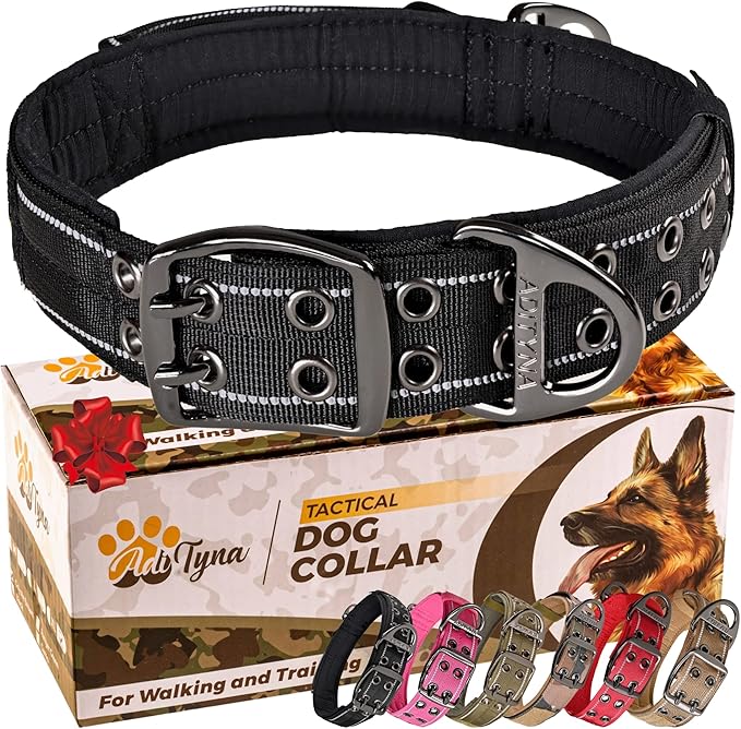 ADITYNA Heavy Duty Dog Collar with Handle - Thick Dog Collar for Large Dogs - Wide, Reflective, Tactical, Soft Neoprene Padded - Perfect Black Dog Collar for Training, and Walking