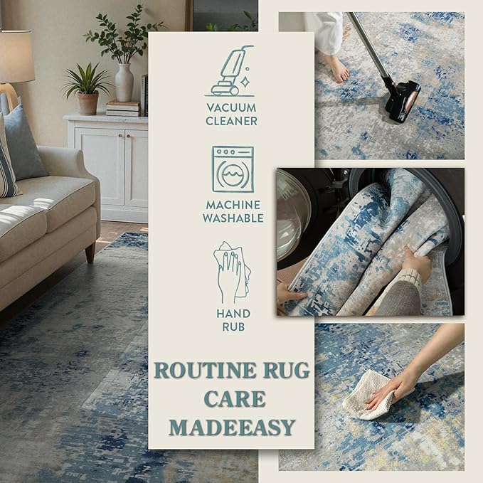 Lahome Modern Abstract Area Rug 4x6, Washable Living Room Rug for Bedroom Entryway Non Slip, Soft Contemporary Indoor Floor Throw Carpet for Apartment Playroom Home Office, Blue