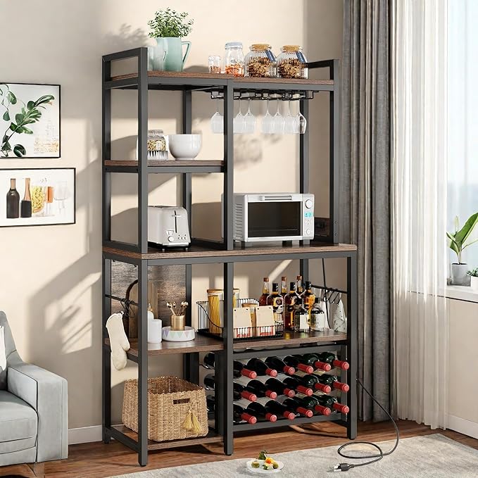 DWVO Large Bakers Rack with Power Outlets and Wine Rack, 35.5 inch 5-Tier Microwave Stand, Coffee Bar with Glasses Holder, Kitchen Storage Shelf with 6 Hooks, for Living Room, Office, Rustic Brown