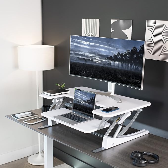VIVO 36 inch Height Adjustable Stand Up Desk Converter, V Series, Quick Sit to Stand Tabletop Dual Monitor Riser Workstation, White, DESK-V000VW