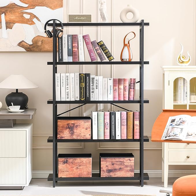 HCHQHS Bookshelf, 5-Tier Industrial Bookcase, Black Open Book Shelf, Freestanding Tall Bookshelves with Metal Frame