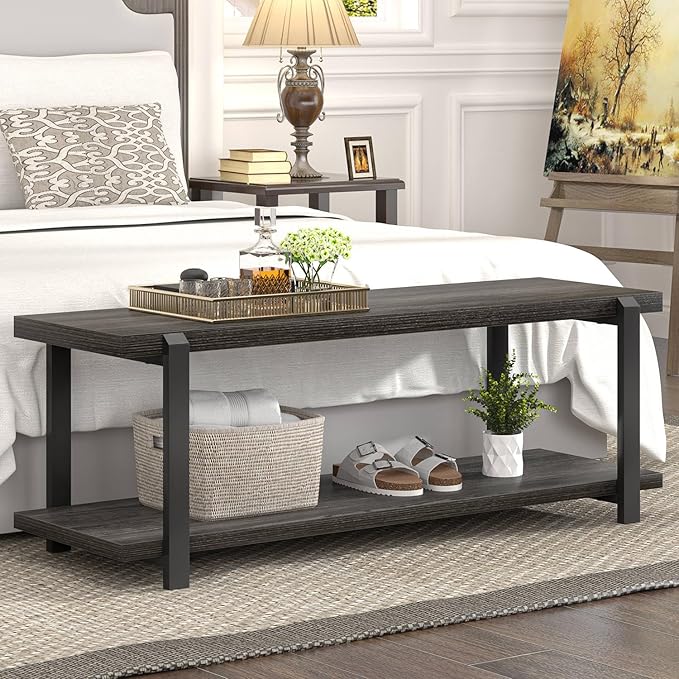 FOLUBAN 47 Inch Shoe Storage Bench, Rustic Wood and Metal Entryway Bench for Hallway Front Door Entrance, Vintage Indoor Shoe Rack Bench Seat for Bedroom Living Room, Dark Gray