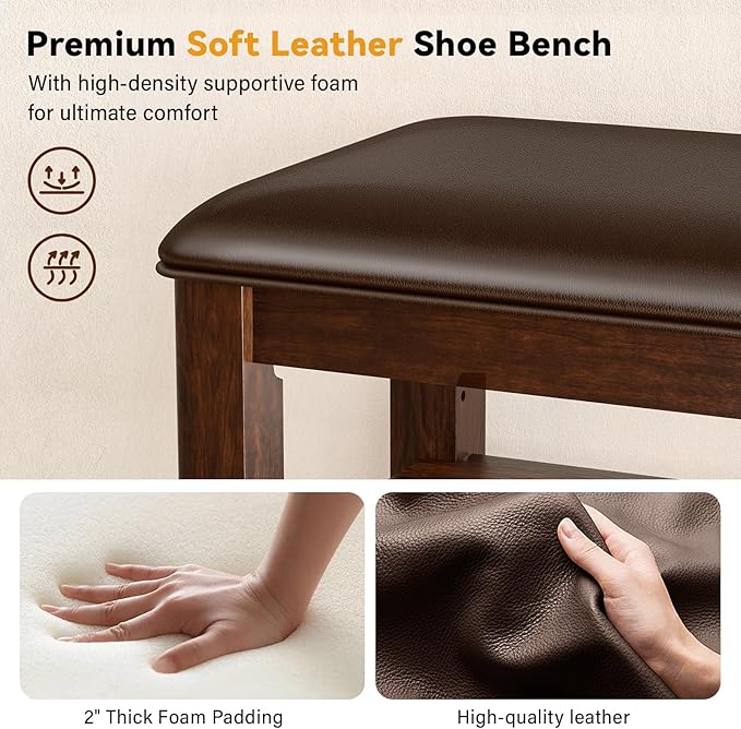 Shoe Bench Storage Rubberwood with Leather Cushion for Entryway Bench Ideal for Hallways Shoe Rack Front Doors Entrances Mudrooms Featuring 3 Height-Adjustable and Removable Shelves