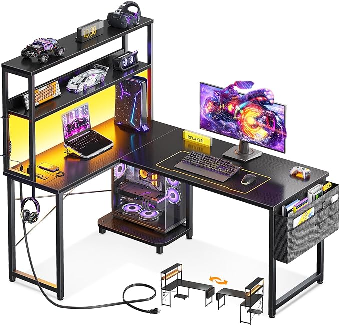 ODK 43 Inch L Shaped Desk with LED Lighting, Reversible Gaming Desk with Power Outlets, Cornor Computer Table with Storage Shelves & Bag & Iron Hook, Home Office Table for Writing, Study, Black